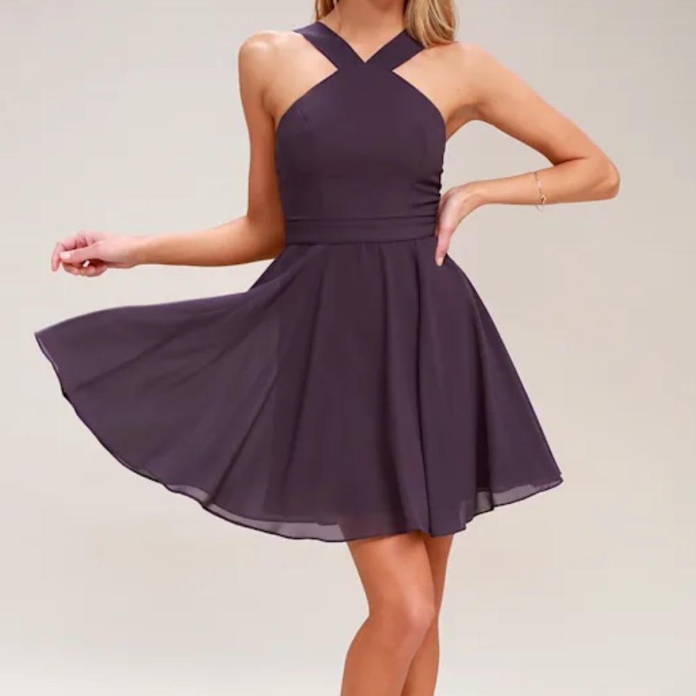 NWOT**** Lulus Forevermore Dusty Purple Halter Sleeveless Skater Dress - Picture 3 of 7